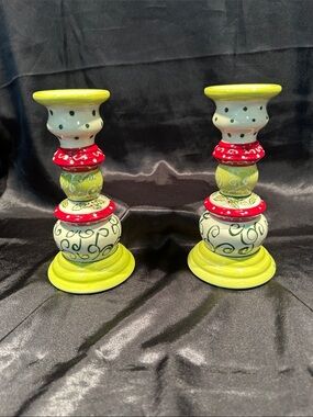 Hand-Painted Lime Green and Red Ceramic Candlestick Pair